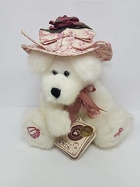 Boyds Plush White Teddy Bear with Pink Hat & Ribbon
